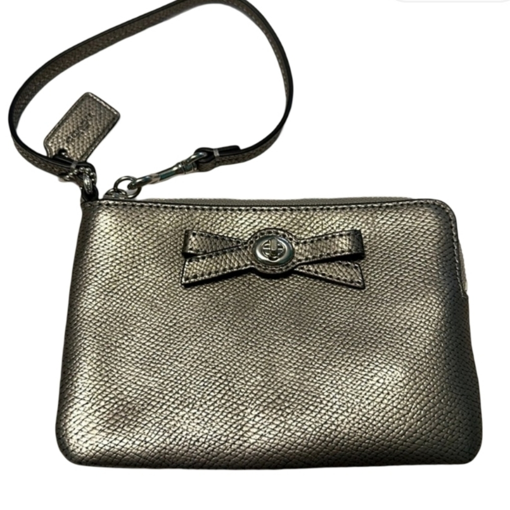 Coach Silver Gunmetal Leather Wristlet - 6.25" L x 4.5" H x 1" D